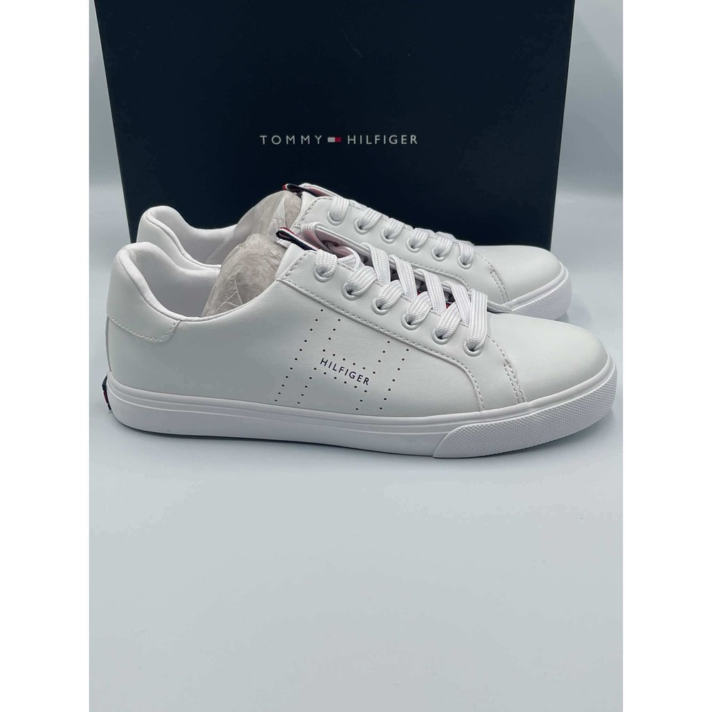 Tommy Hilfiger Lamiss Womens White Faux Leather Lace Up Sneakers TWLAMISS 7M